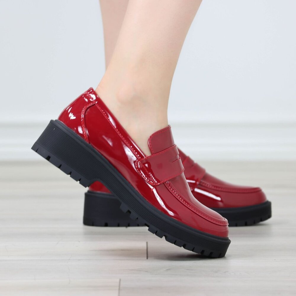 Womens Chunky Penny Loafer Lug Sole Slip On Platform Red Patent - Picture 15 of 16